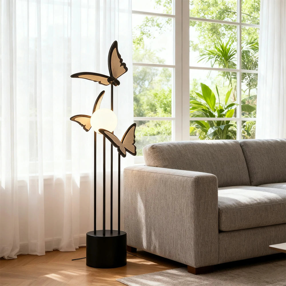 LIVARA Butterfly-Inspired Floor Lamp with Three-Colour Dimmable Lighting - Resin & Iron Frame, Modern Nordic Design - Black