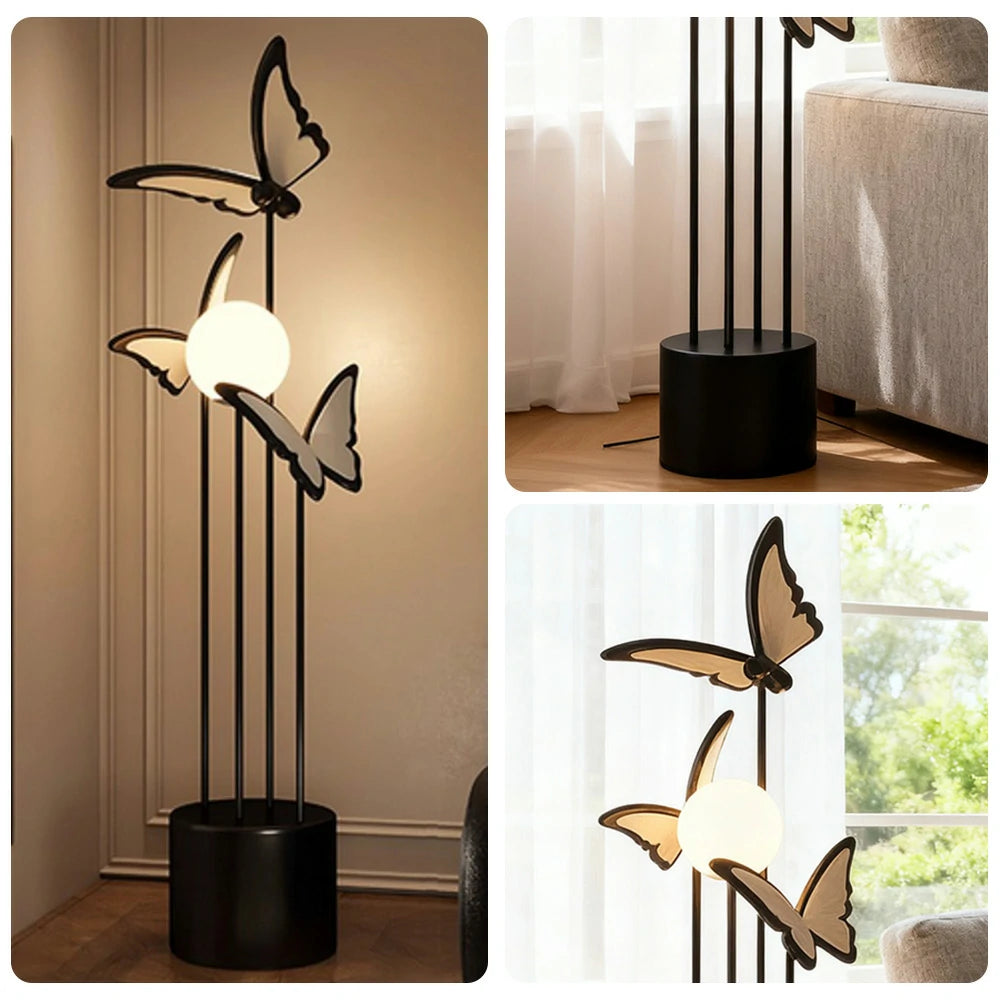 LIVARA Butterfly-Inspired Floor Lamp with Three-Colour Dimmable Lighting - Resin & Iron Frame, Modern Nordic Design - Black