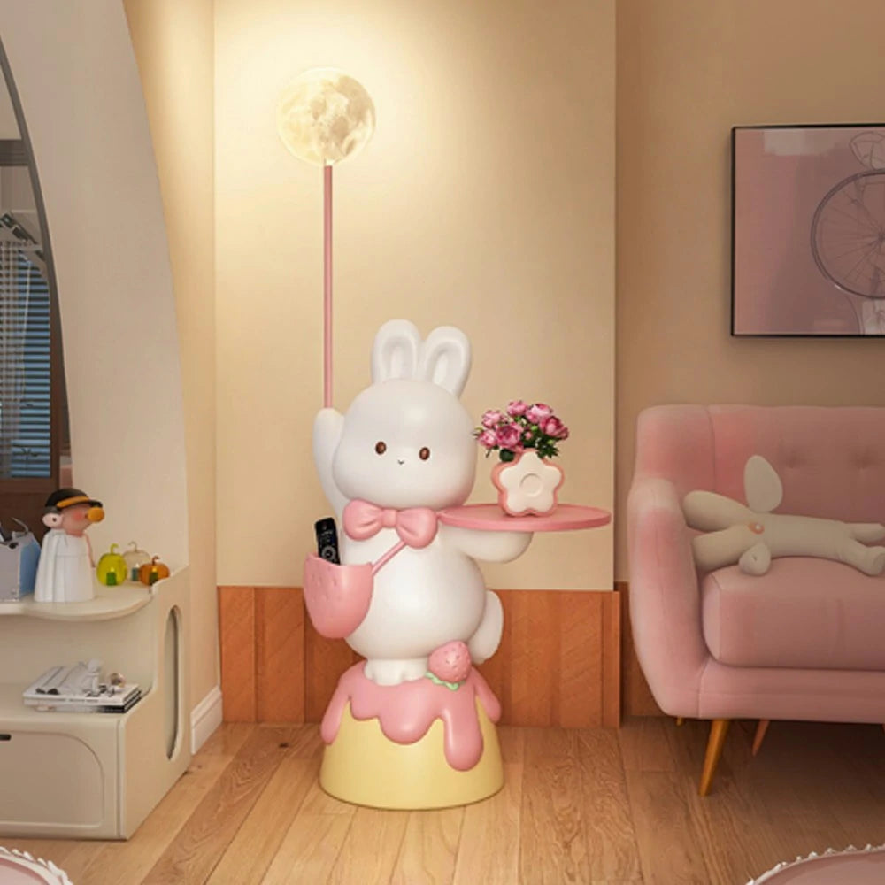 LIVARA Rabbit & Strawberry 3D Moon Floor Lamp with Three-Colour Dimmable Light – Resin Wood Tray Design, Functional Decorative Piece