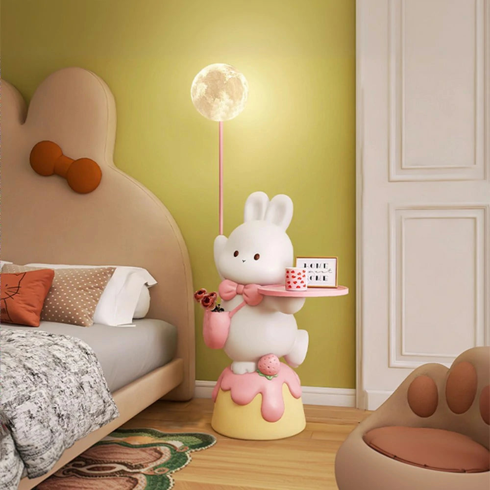 LIVARA Rabbit & Strawberry 3D Moon Floor Lamp with Three-Colour Dimmable Light – Resin Wood Tray Design, Functional Decorative Piece