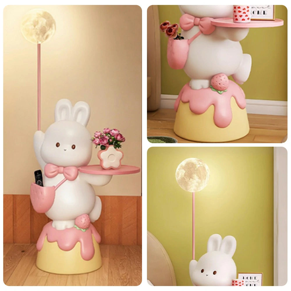 LIVARA Rabbit & Strawberry 3D Moon Floor Lamp with Three-Colour Dimmable Light – Resin Wood Tray Design, Functional Decorative Piece