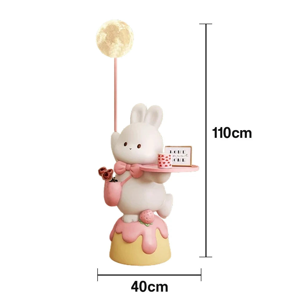 LIVARA Rabbit & Strawberry 3D Moon Floor Lamp with Three-Colour Dimmable Light – Resin Wood Tray Design, Functional Decorative Piece