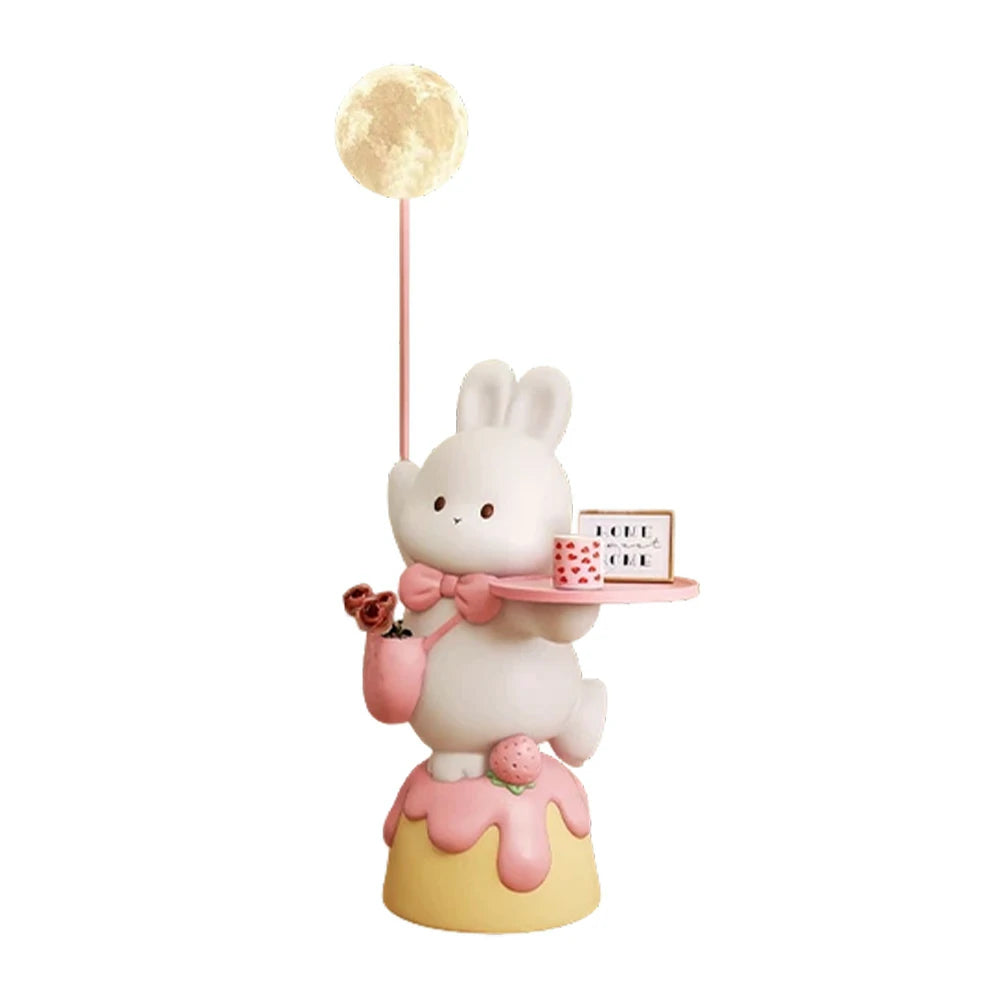 LIVARA Rabbit & Strawberry 3D Moon Floor Lamp with Three-Colour Dimmable Light – Resin Wood Tray Design, Functional Decorative Piece