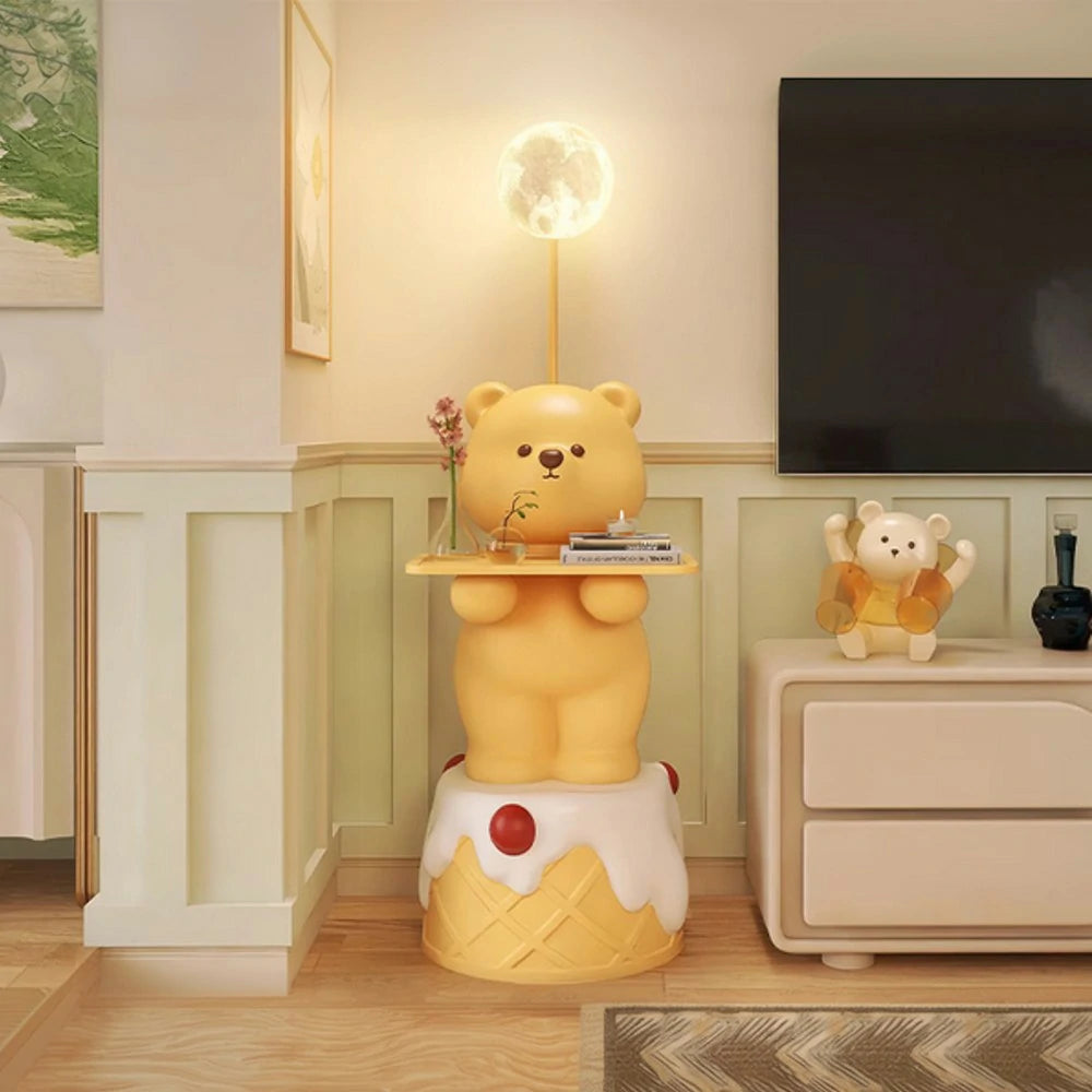 LIVARA Cartoon Bear Floor Lamp with Built-In Tray - Resin & Soft PVC Material, Stable Base, Decorative Storage Design - Yellow