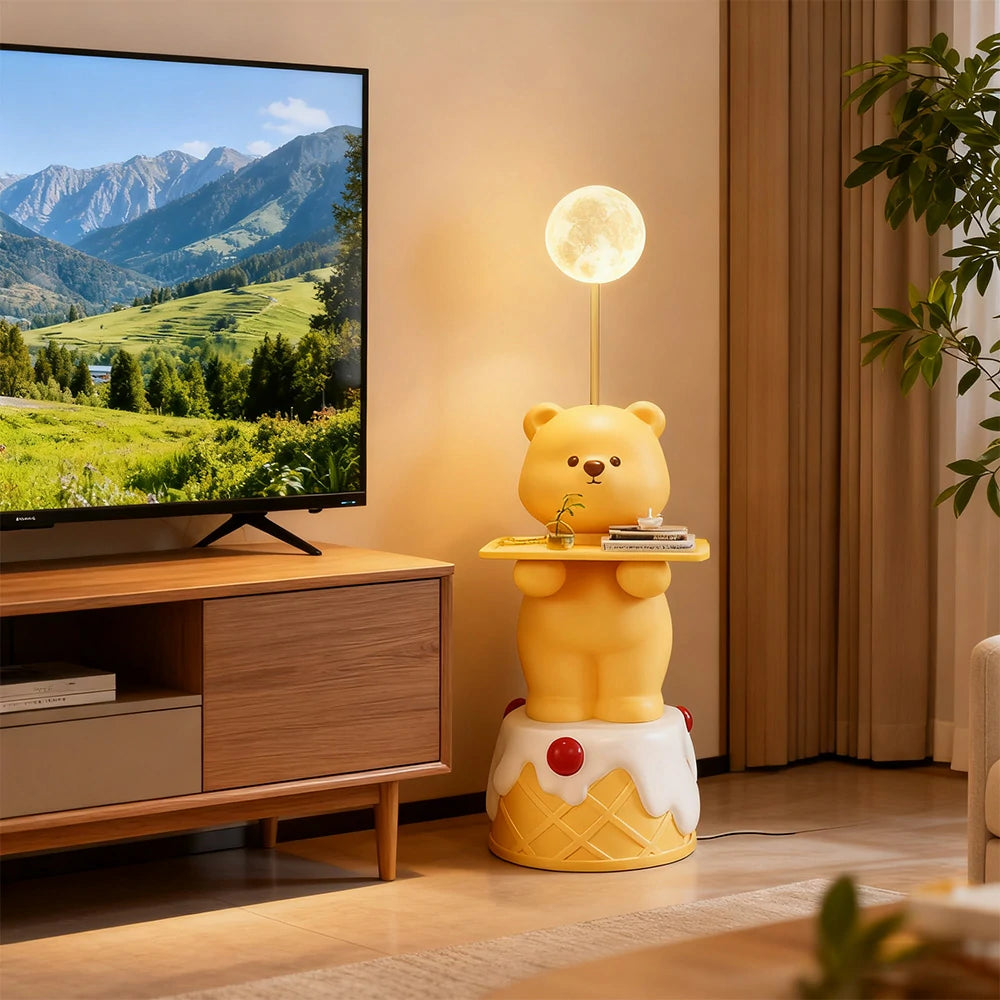 LIVARA Cartoon Bear Floor Lamp with Built-In Tray - Resin & Soft PVC Material, Stable Base, Decorative Storage Design - Yellow