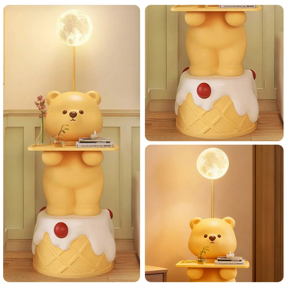 LIVARA Cartoon Bear Floor Lamp with Built-In Tray - Resin & Soft PVC Material, Stable Base, Decorative Storage Design - Yellow