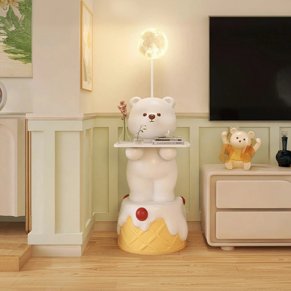 LIVARA Cartoon Bear Floor Lamp with Built-In Tray - Resin & Soft PVC Material, Stable Base, Decorative Storage Design - White