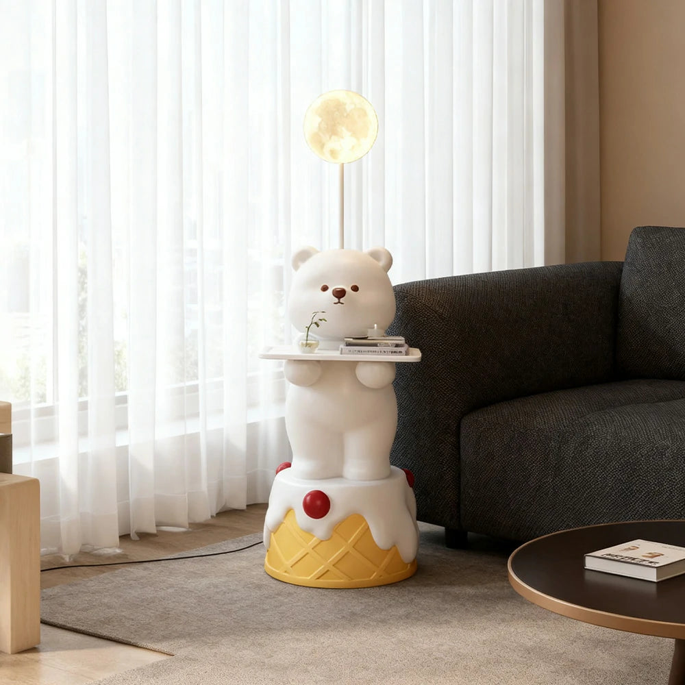 LIVARA Cartoon Bear Floor Lamp with Built-In Tray - Resin & Soft PVC Material, Stable Base, Decorative Storage Design - White