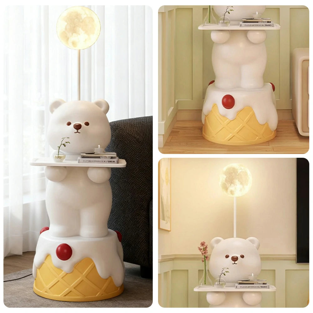 LIVARA Cartoon Bear Floor Lamp with Built-In Tray - Resin & Soft PVC Material, Stable Base, Decorative Storage Design - White