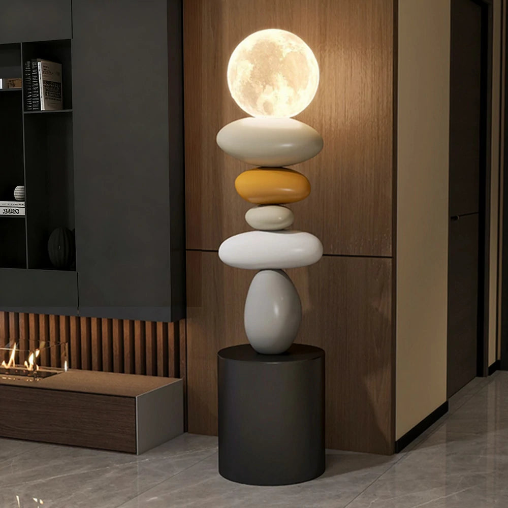 LIVARA Pebble Stacked 3D Moon Lamp - Touch Control Three-Colour Lighting, Resin & Wood Body, USB Rechargeable Design