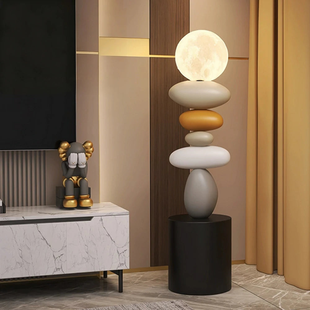 LIVARA Pebble Stacked 3D Moon Lamp - Touch Control Three-Colour Lighting, Resin & Wood Body, USB Rechargeable Design