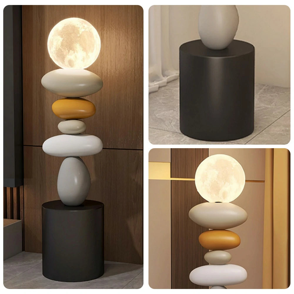 LIVARA Pebble Stacked 3D Moon Lamp - Touch Control Three-Colour Lighting, Resin & Wood Body, USB Rechargeable Design