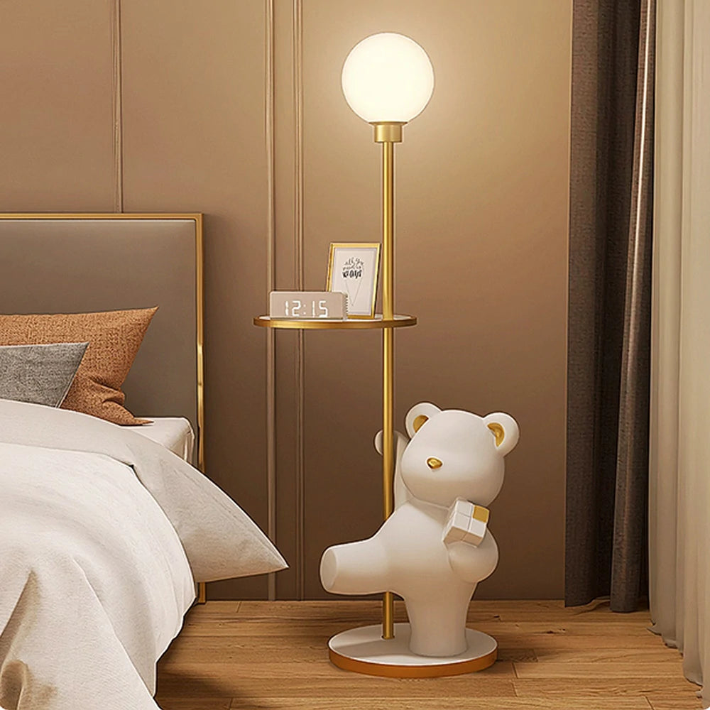 LIVARA Cube Bear Floor Lamp with Storage Tray – 360° Rotatable LED Light, Anti-Dizziness Illumination, Wide Stable Base, Modern Decorative Design - White