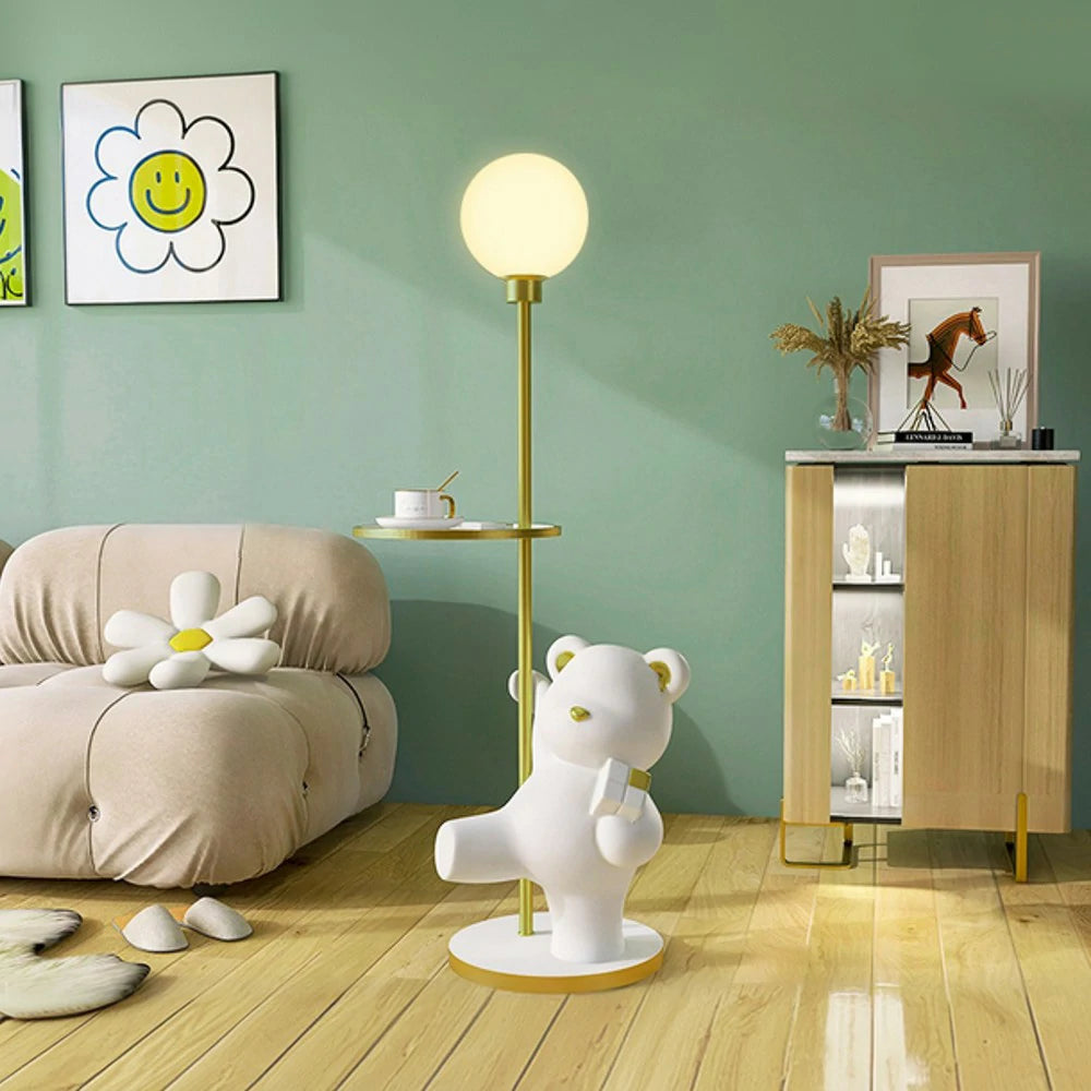 LIVARA Cube Bear Floor Lamp with Storage Tray – 360° Rotatable LED Light, Anti-Dizziness Illumination, Wide Stable Base, Modern Decorative Design - White
