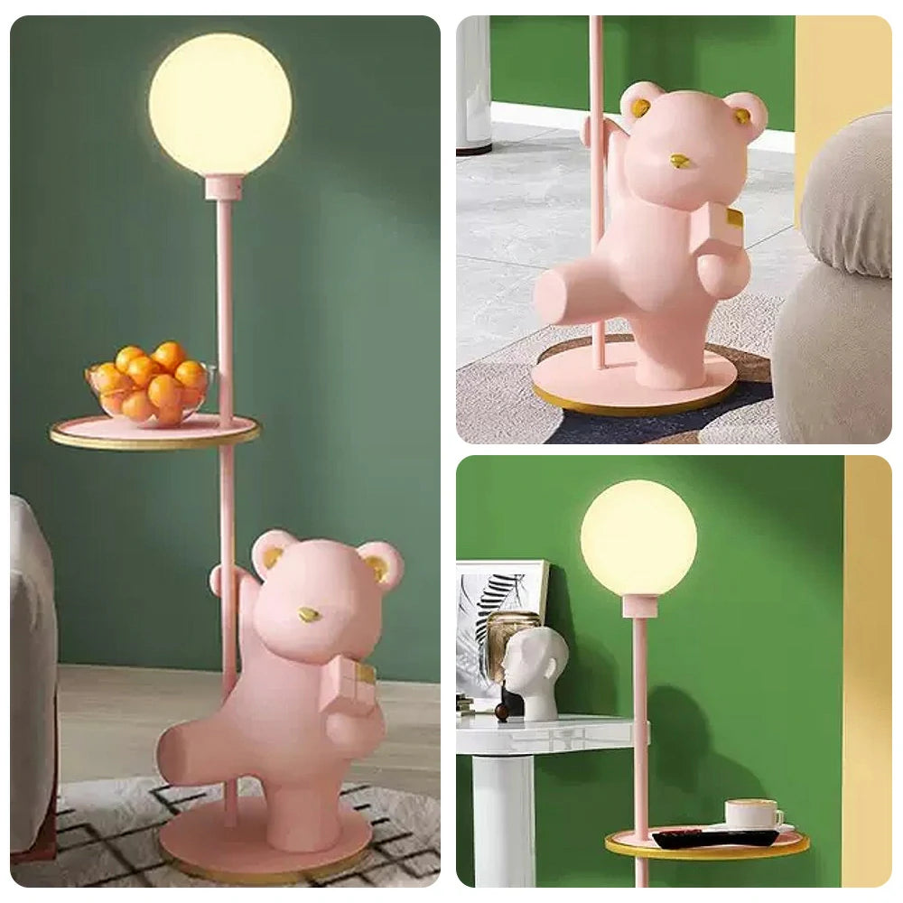 LIVARA Cube Bear Floor Lamp with Storage Tray – 360° Rotatable LED Light, Anti-Dizziness Illumination, Wide Stable Base, Modern Decorative Design - Pink