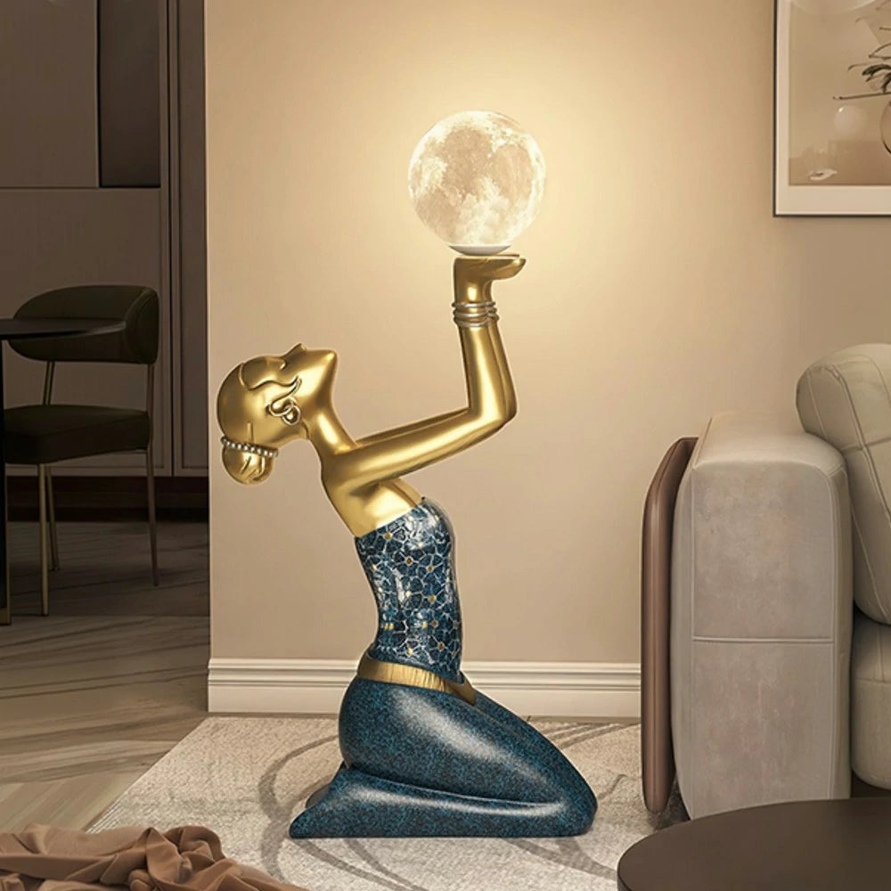 LIVARA Dai Girl Floor Lamp - Artistic Resin Sculpture with LED Moon Light, Three-Colour Tap Control, Eco-Friendly Material, Elegant Home Décor Accent