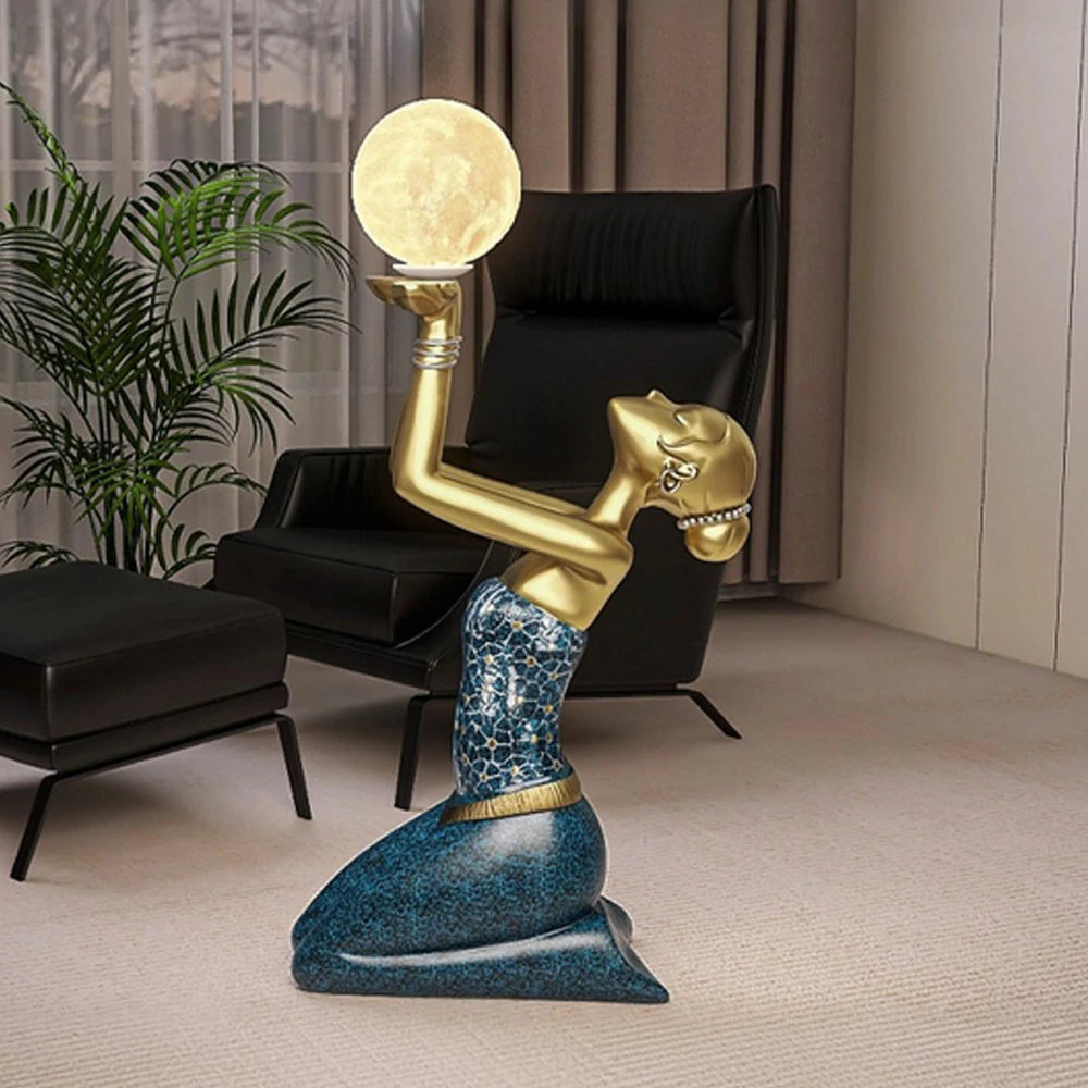 LIVARA Dai Girl Floor Lamp - Artistic Resin Sculpture with LED Moon Light, Three-Colour Tap Control, Eco-Friendly Material, Elegant Home Décor Accent