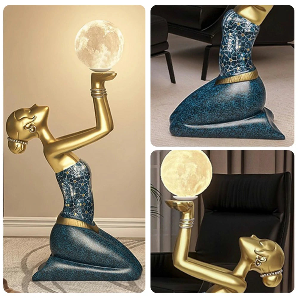 LIVARA Dai Girl Floor Lamp - Artistic Resin Sculpture with LED Moon Light, Three-Colour Tap Control, Eco-Friendly Material, Elegant Home Décor Accent