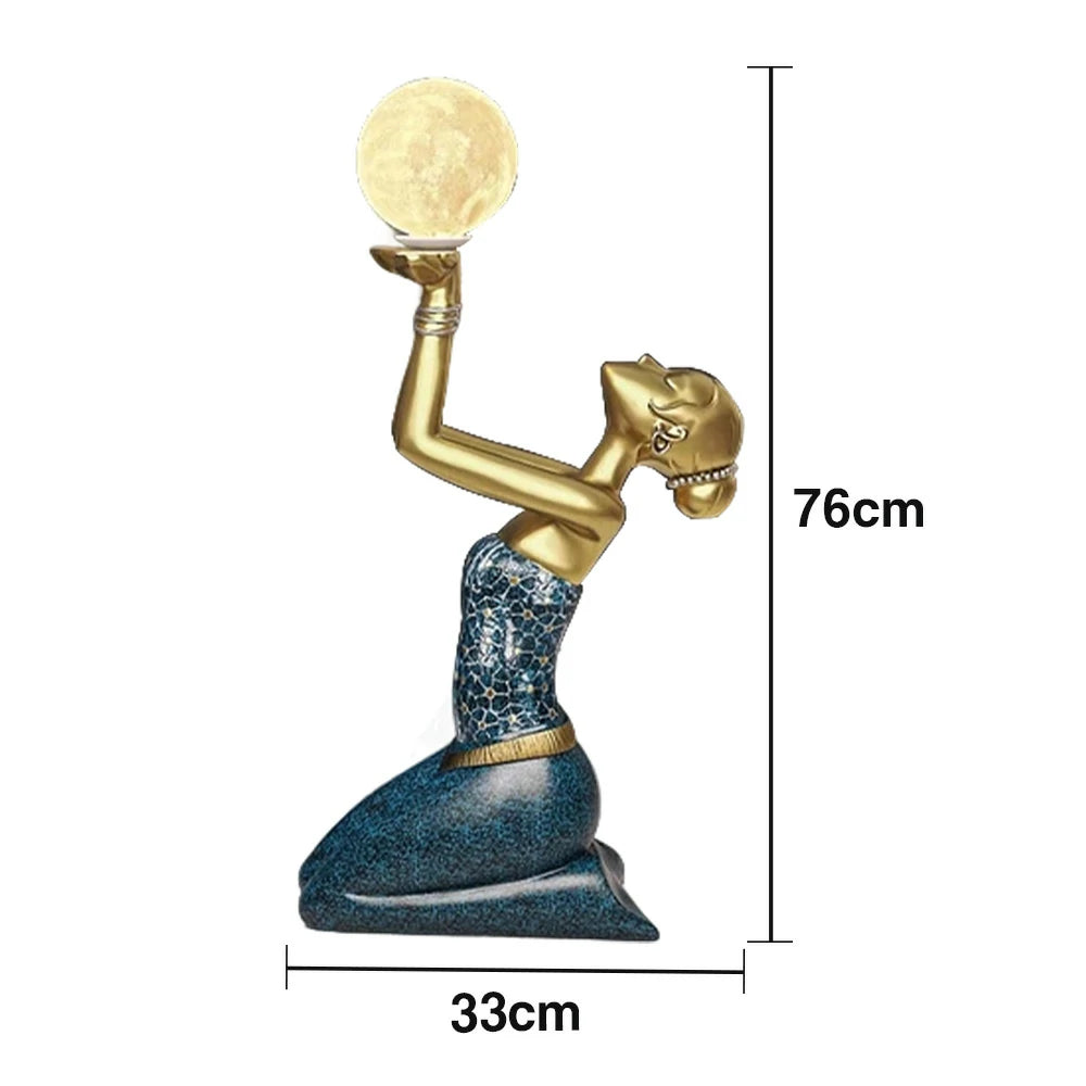 LIVARA Dai Girl Floor Lamp - Artistic Resin Sculpture with LED Moon Light, Three-Colour Tap Control, Eco-Friendly Material, Elegant Home Décor Accent