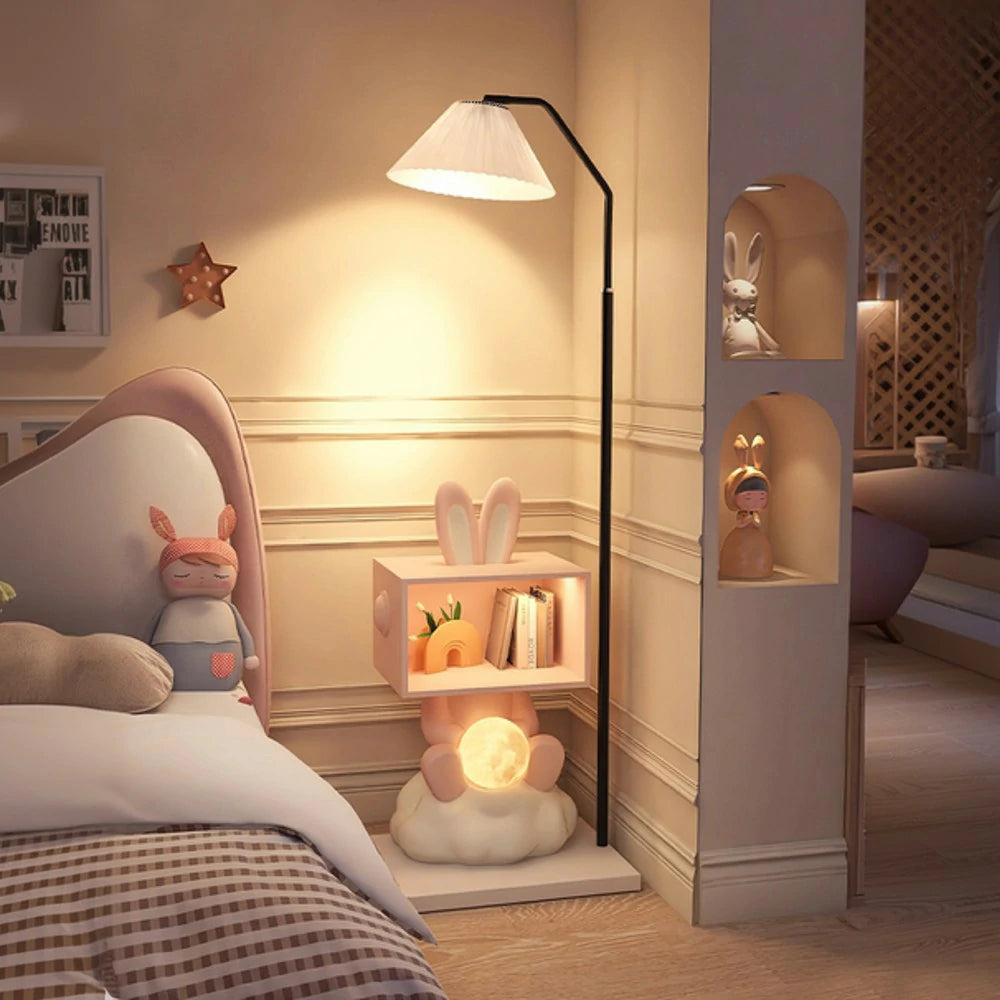 LIVARA Bunny Floor Lamp with Side Table - Resin & Wood Design, Three-Colour Dimmable LED Light, Storage Cabinet, Functional & Decorative Home Lighting