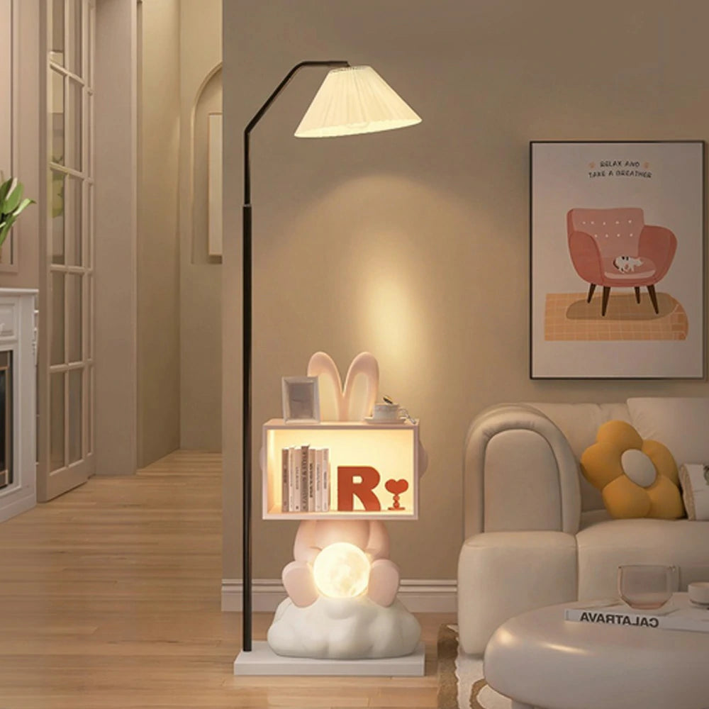 LIVARA Bunny Floor Lamp with Side Table - Resin & Wood Design, Three-Colour Dimmable LED Light, Storage Cabinet, Functional & Decorative Home Lighting