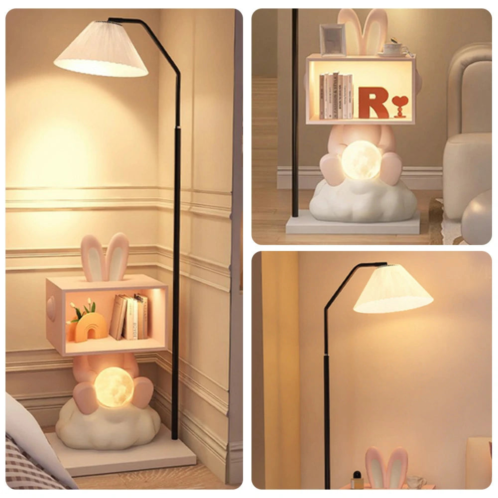 LIVARA Bunny Floor Lamp with Side Table - Resin & Wood Design, Three-Colour Dimmable LED Light, Storage Cabinet, Functional & Decorative Home Lighting