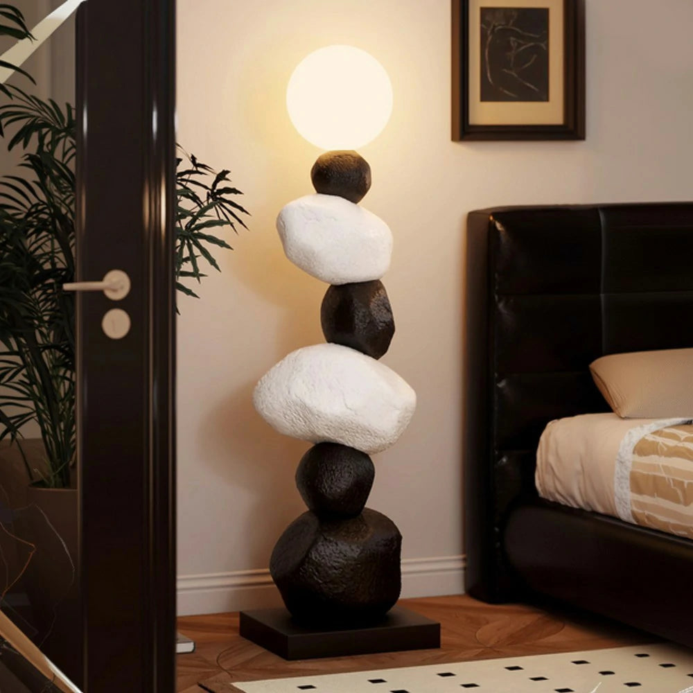 LIVARA Stone Floor Lamp - Artistic Resin & PC Lampshade Design, Three-Colour Tap Control LED Light, Minimalist Home Décor Lighting - Black
