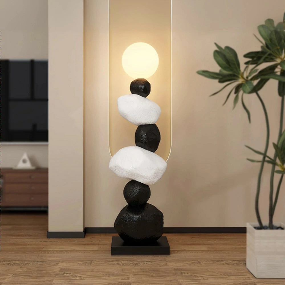 LIVARA Stone Floor Lamp - Artistic Resin & PC Lampshade Design, Three-Colour Tap Control LED Light, Minimalist Home Décor Lighting - Black