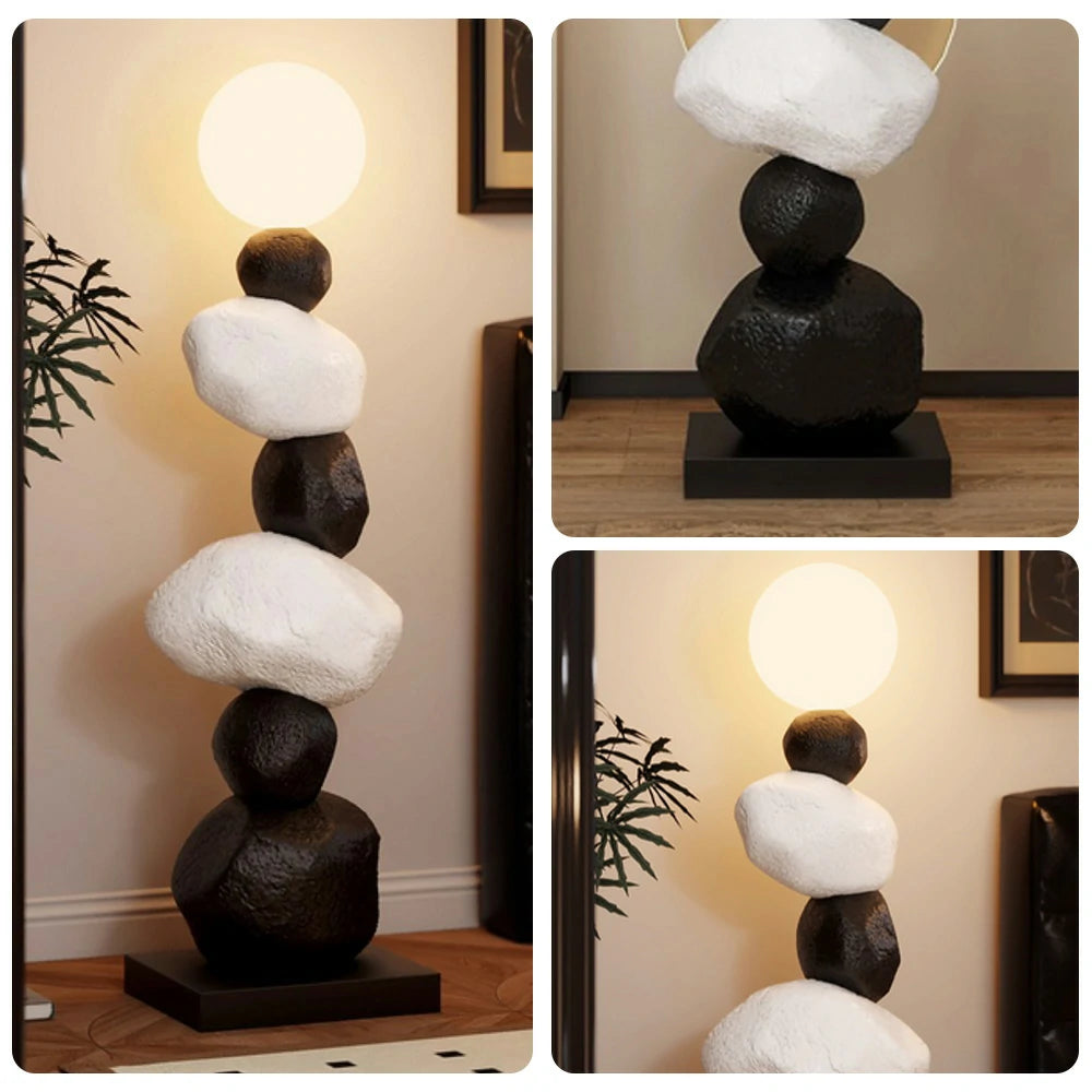 LIVARA Stone Floor Lamp - Artistic Resin & PC Lampshade Design, Three-Colour Tap Control LED Light, Minimalist Home Décor Lighting - Black
