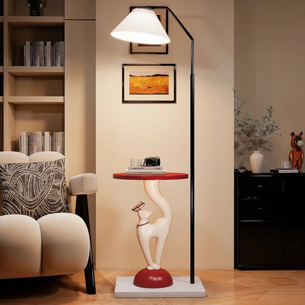 LIVARA Elegant Cat Floor Lamp with Tray - Resin & Wood Design, Rounded Edges, Large Storage Surface, Stable Weighted Base - White