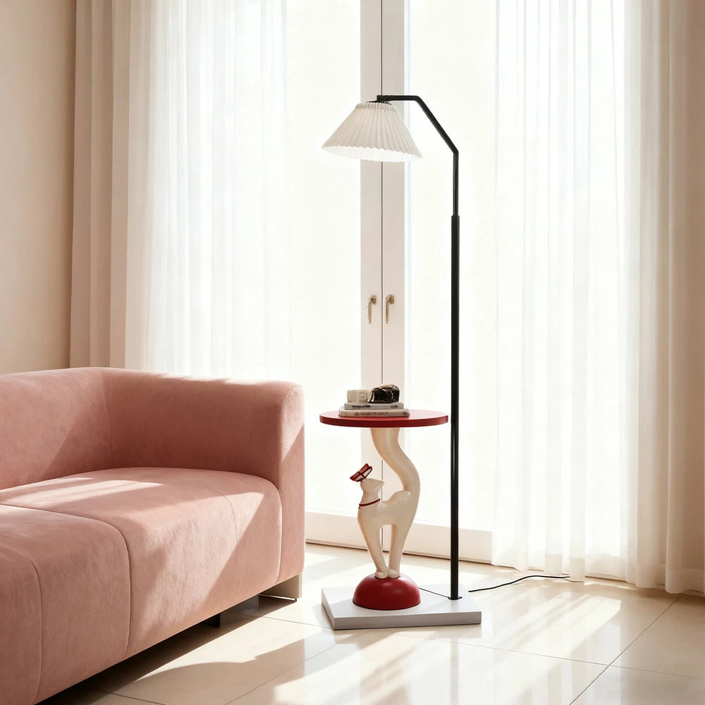 LIVARA Elegant Cat Floor Lamp with Tray - Resin & Wood Design, Rounded Edges, Large Storage Surface, Stable Weighted Base - White
