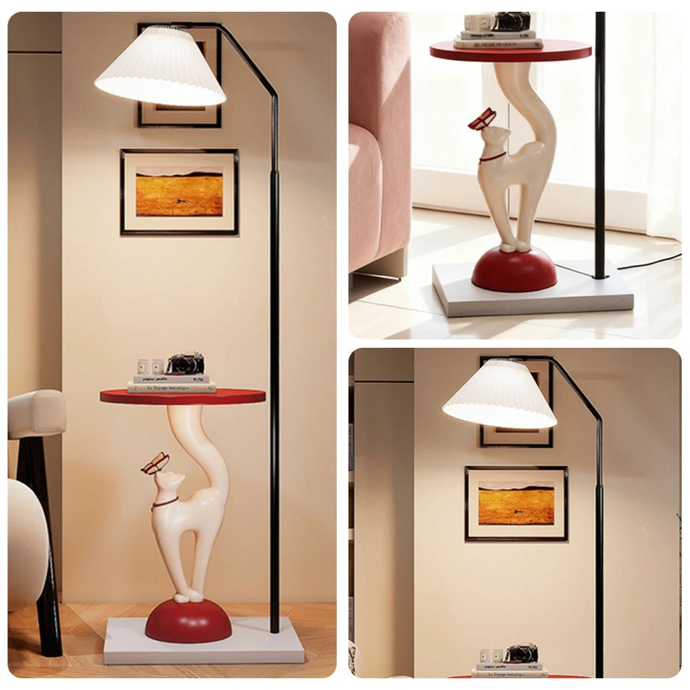 LIVARA Elegant Cat Floor Lamp with Tray - Resin & Wood Design, Rounded Edges, Large Storage Surface, Stable Weighted Base - White