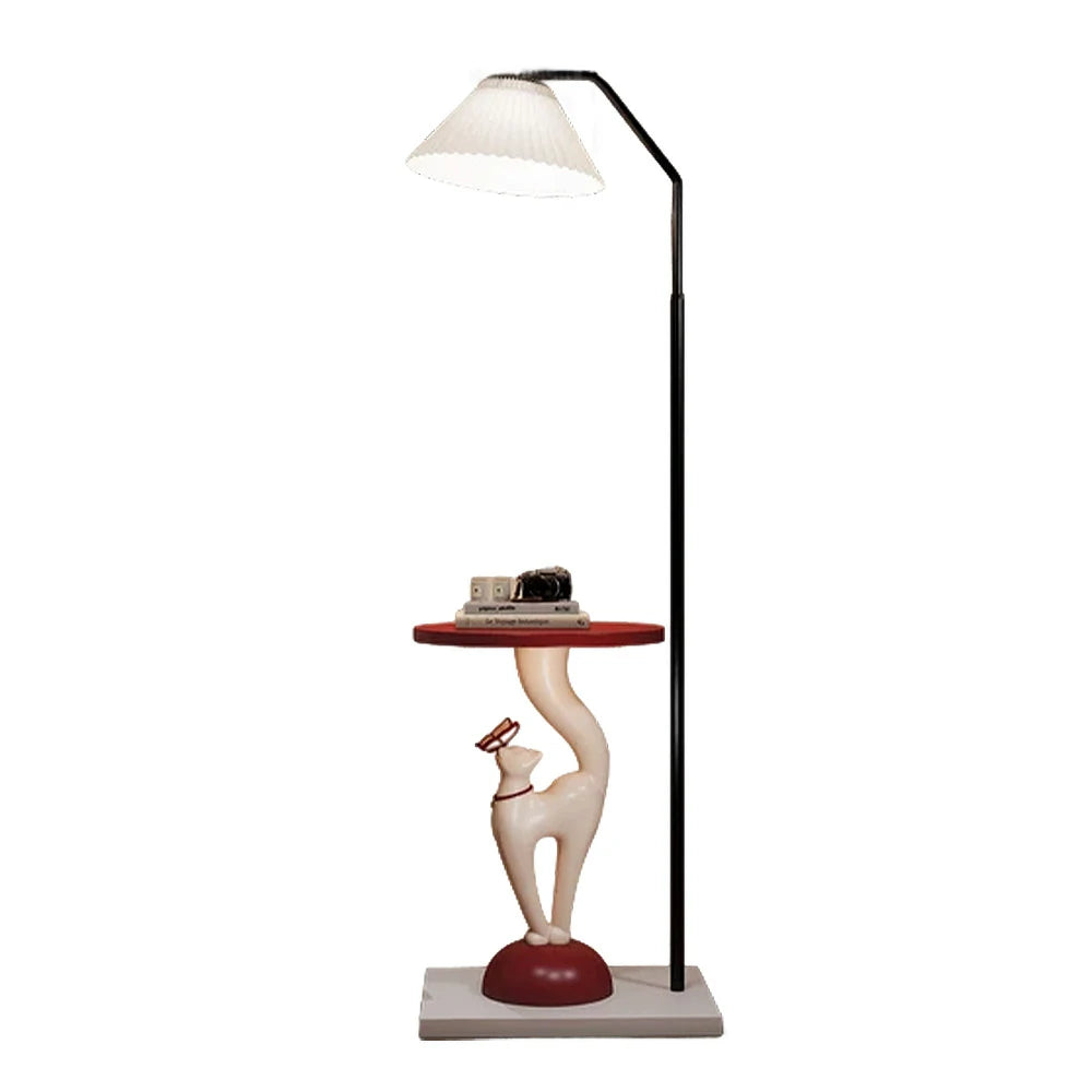 LIVARA Elegant Cat Floor Lamp with Tray - Resin & Wood Design, Rounded Edges, Large Storage Surface, Stable Weighted Base - White