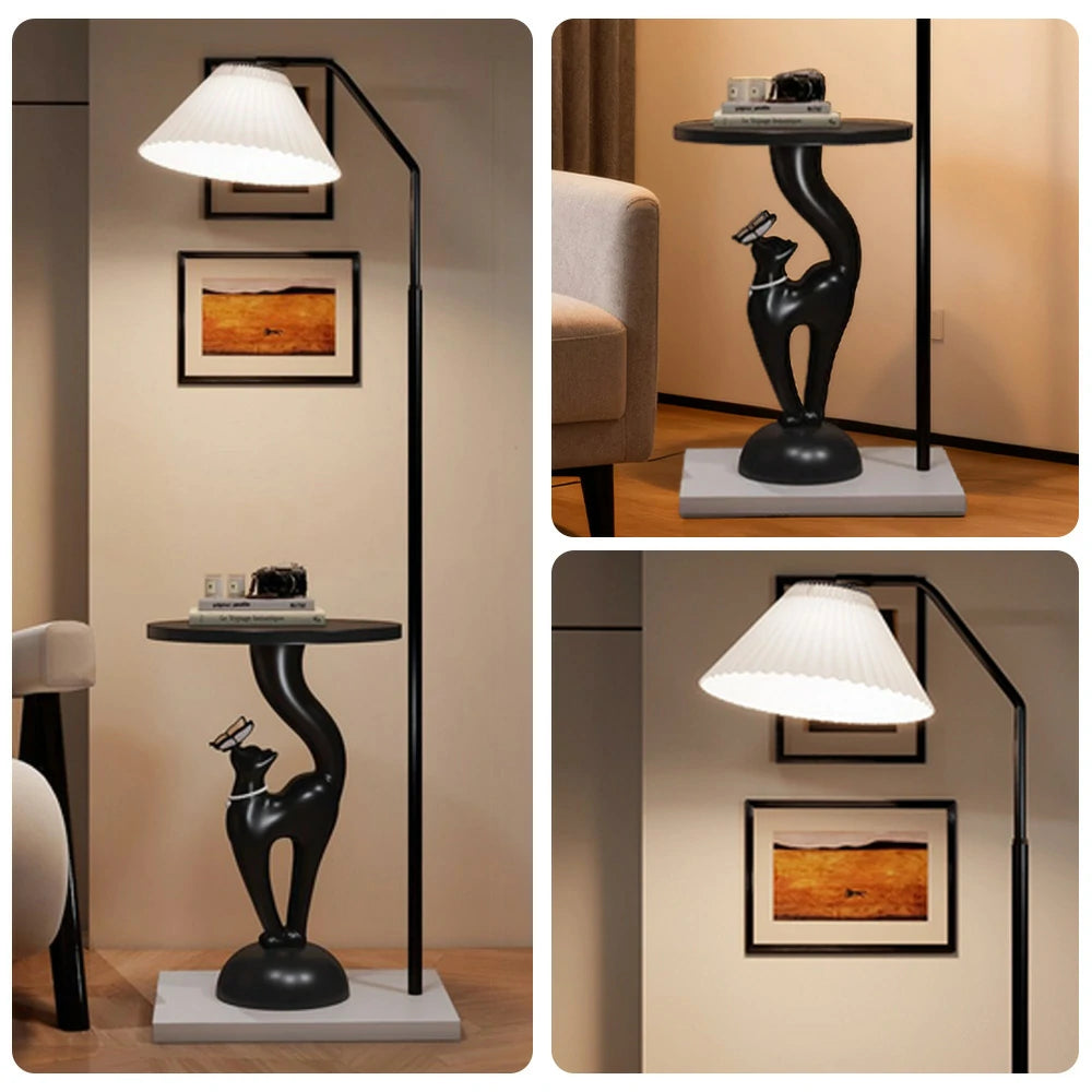 LIVARA Elegant Cat Floor Lamp with Tray - Resin & Wood Design, Rounded Edges, Large Storage Surface, Stable Weighted Base - Black
