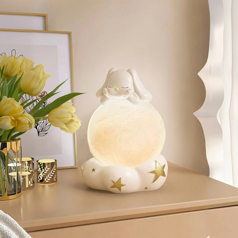 LIVARA Goodnight Bunny Table Lamp - LED Moon Light with Three Touch Control Modes, Soft Flicker-Free Glow, USB Rechargeable Resin & PC Design for Bedroom Décor