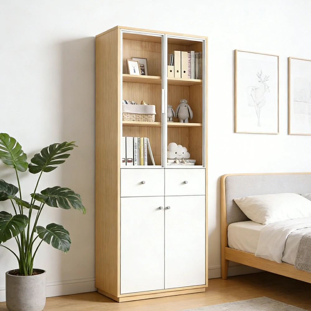 LIVARA Glass Door Cabinet - Solid Wood Construction with Tiered Display Shelves, Concealed Storage & Smooth-Close Hardware