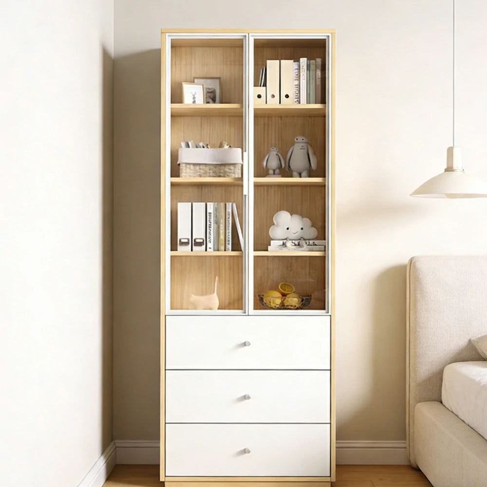 LIVARA Glass Display Cabinet - Wooden Frame with Enclosed Storage, Drawer Compartments & Soft-Close Door System