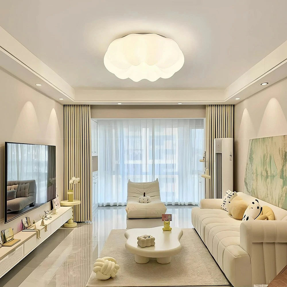 LIVARA Pumpkin LED Ceiling Light 63cm 60W Three-Color Dimmable Anti-Glare Soft Light Iron & PE Lampshade Modern Flush Mount Lamp - White