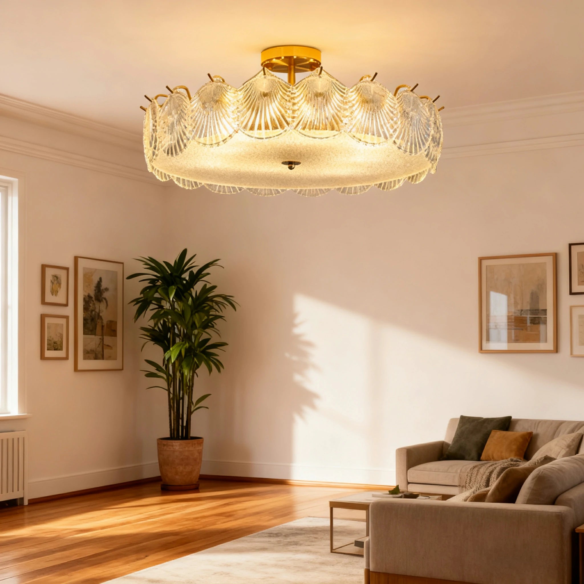 LIVARA 36/48W Shell Design Glass Pendant Light with Three-Color Dimmable LED, High CRI Ra≥97 & Flicker-Free Eye-Comfort Lighting