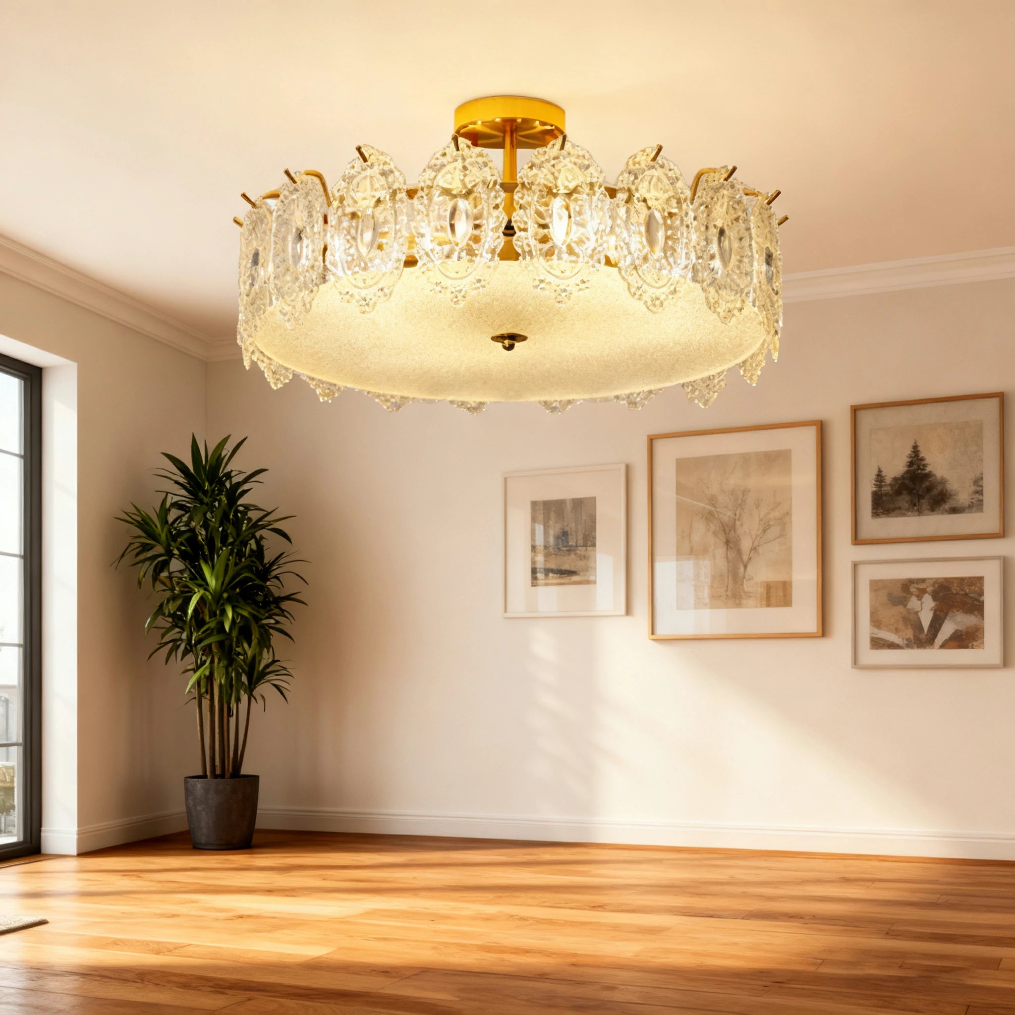 LIVARA 36/48W Ice-Mirror Design Glass Pendant Light with Three-Color Dimmable LED, High CRI Ra≥97 & Flicker-Free Eye-Comfort Lighting