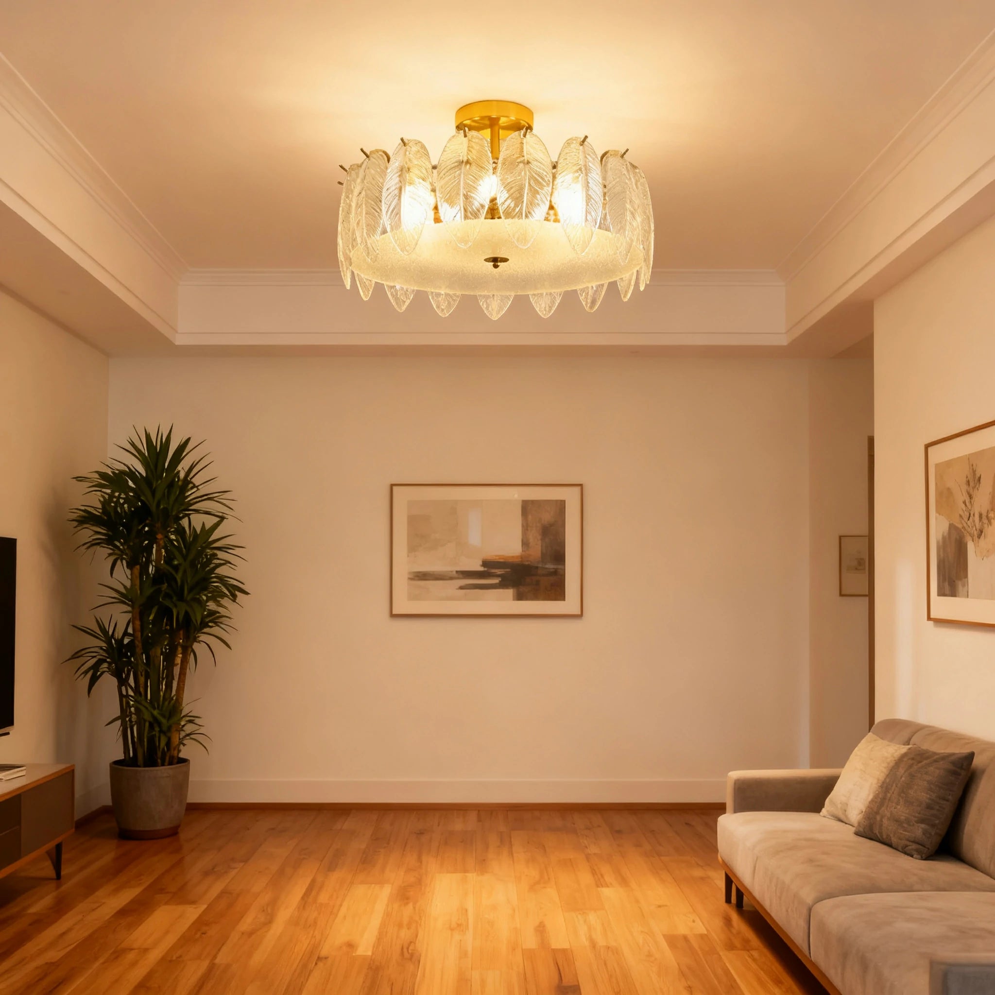 LIVARA 36/48W Feather Design Glass Pendant Light with Three-Color Dimmable LED, High CRI Ra≥97 & Flicker-Free Eye-Comfort Lighting