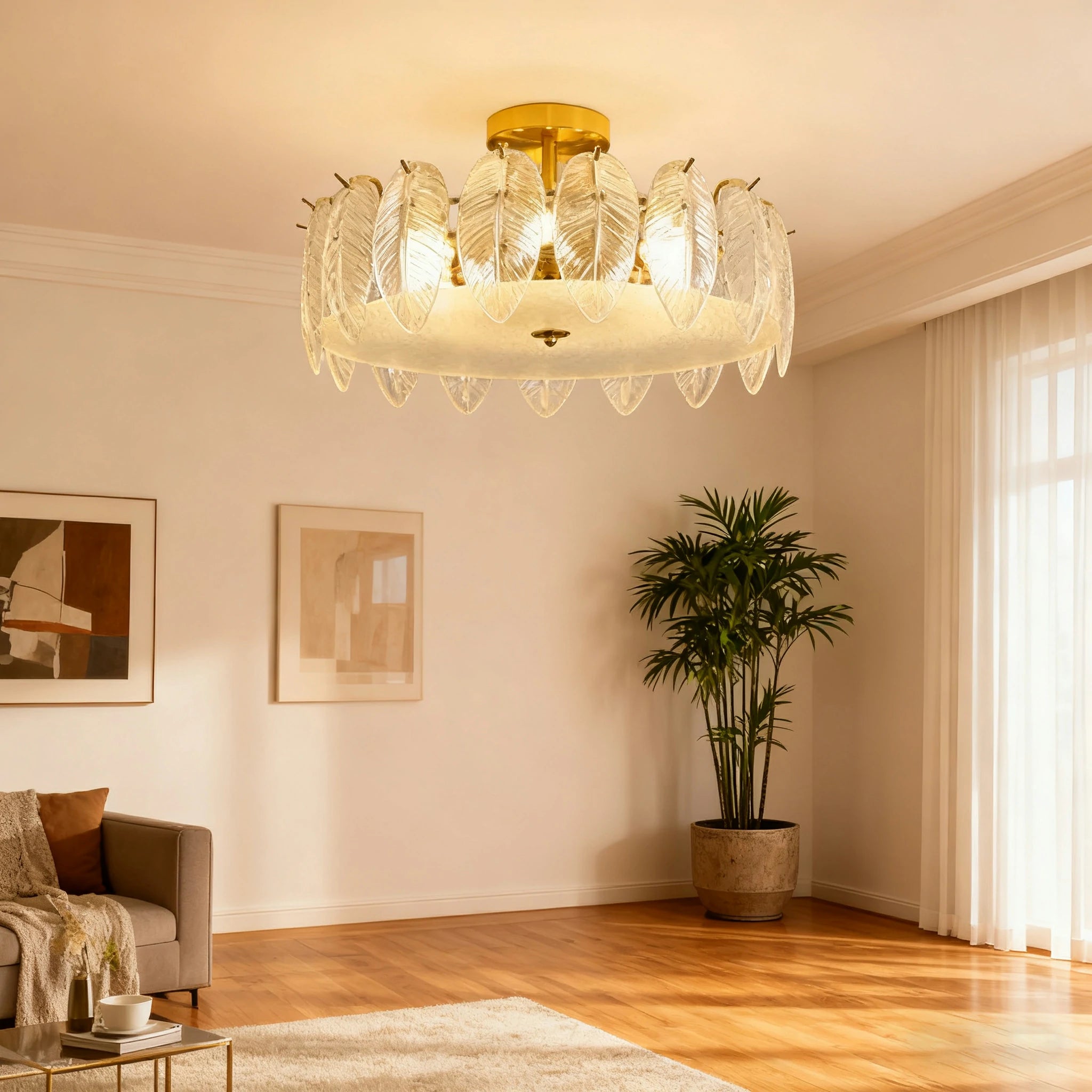 LIVARA 36/48W Feather Design Glass Pendant Light with Three-Color Dimmable LED, High CRI Ra≥97 & Flicker-Free Eye-Comfort Lighting