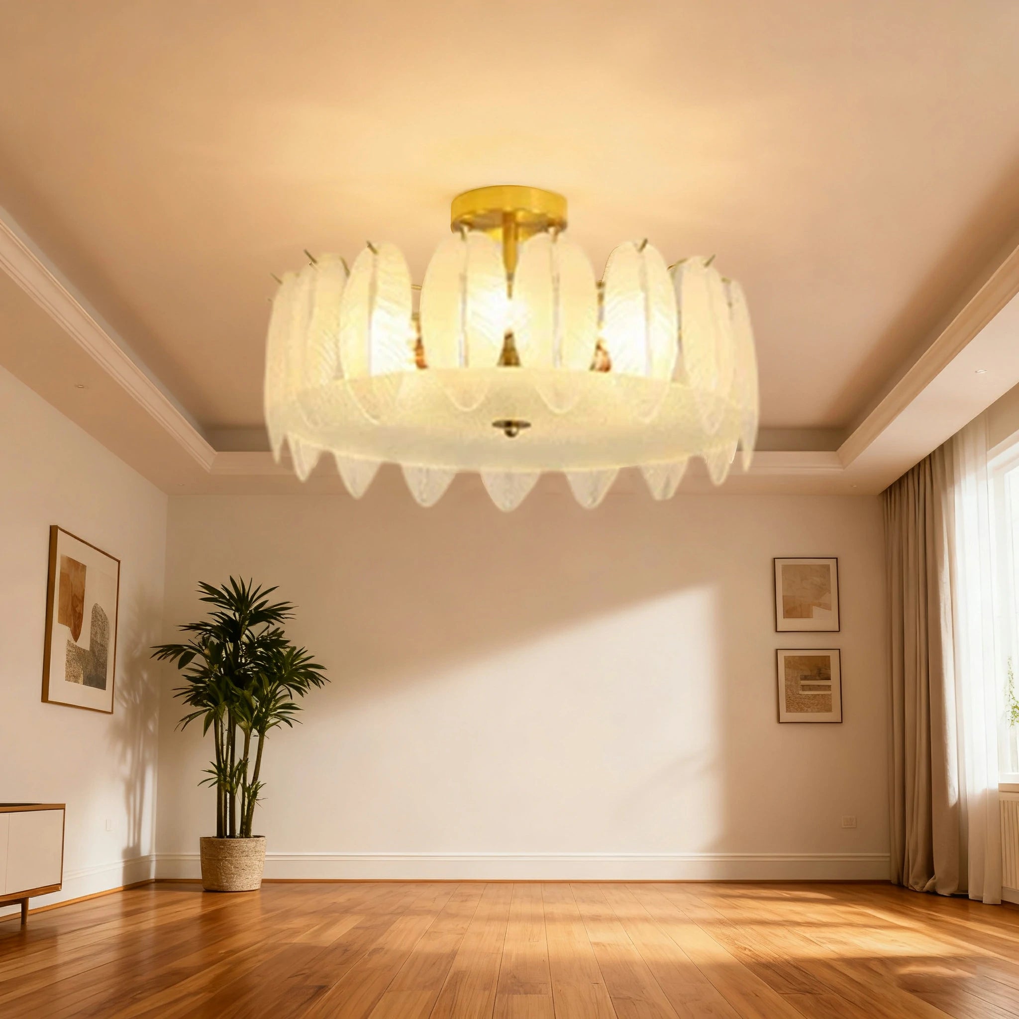 LIVARA 36/48W Feather Design Frosted Glass Pendant Light with Three-Color Dimmable LED, High CRI Ra≥97 & Flicker-Free Eye-Comfort Lighting