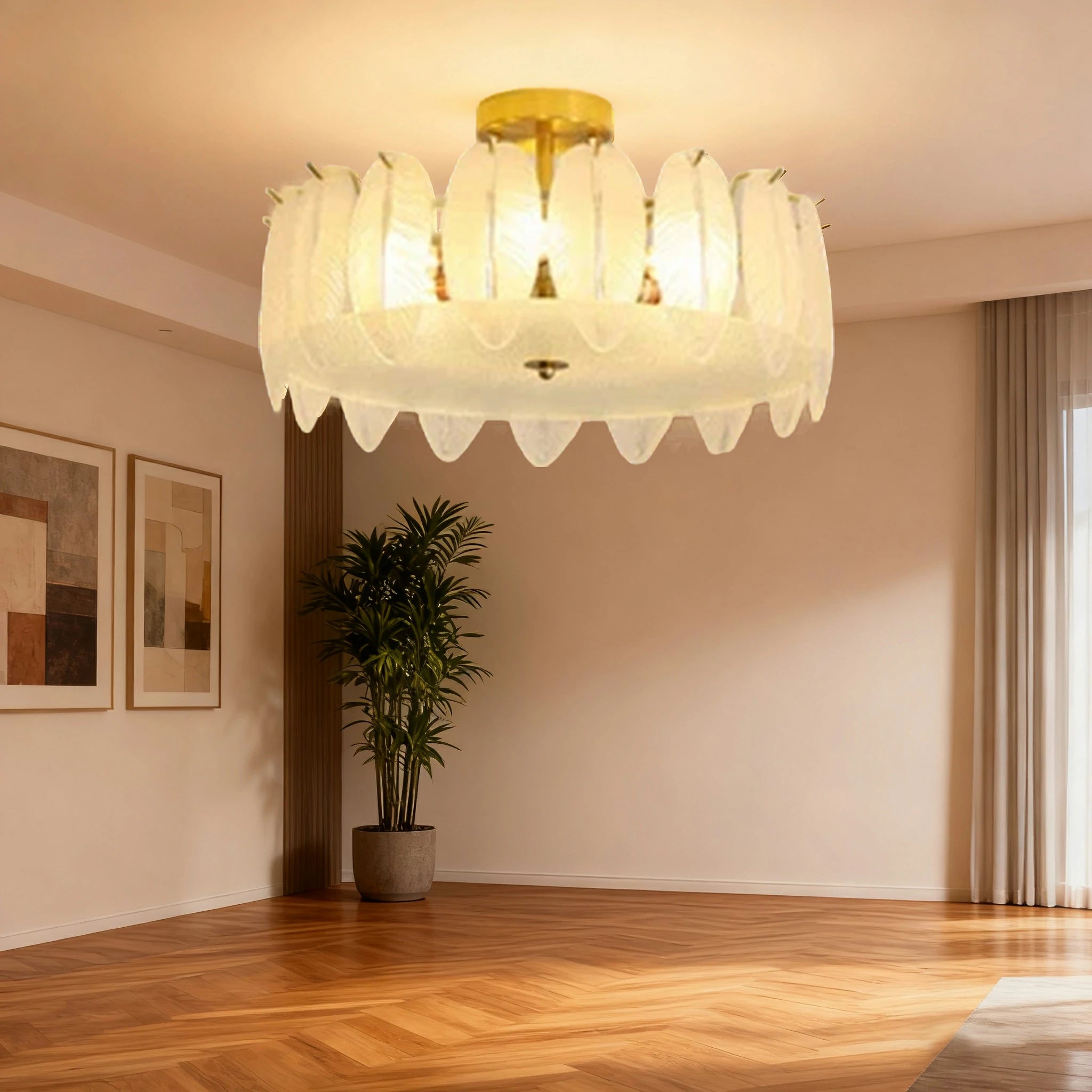 LIVARA 36/48W Feather Design Frosted Glass Pendant Light with Three-Color Dimmable LED, High CRI Ra≥97 & Flicker-Free Eye-Comfort Lighting