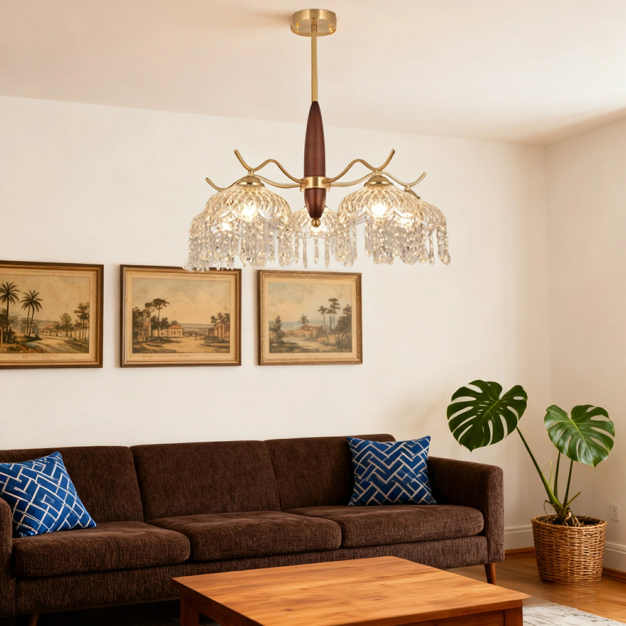 LIVARA 60W Crystal Pendant Light with Eye-Protection LED, Three-Color Dimmable Lighting & Solid Wood Electroplated Iron Body