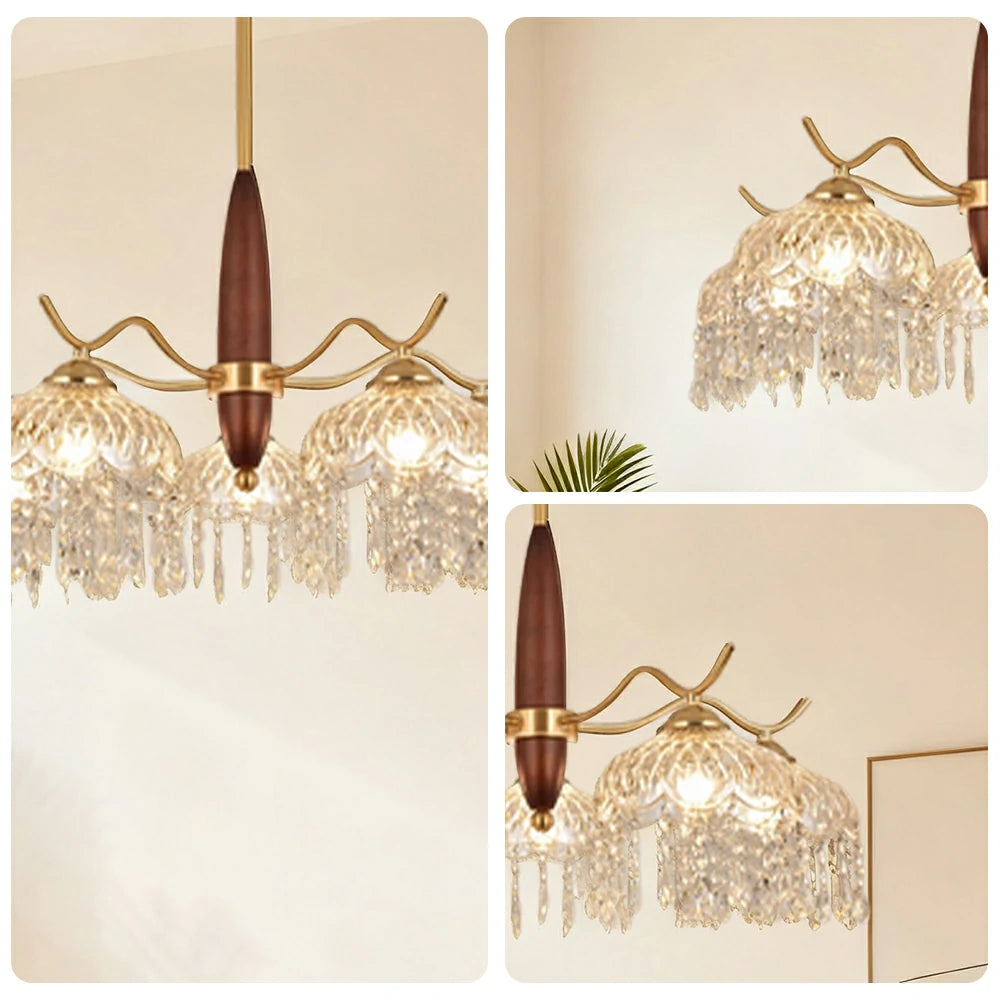 LIVARA 60W Crystal Pendant Light with Eye-Protection LED, Three-Color Dimmable Lighting & Solid Wood Electroplated Iron Body