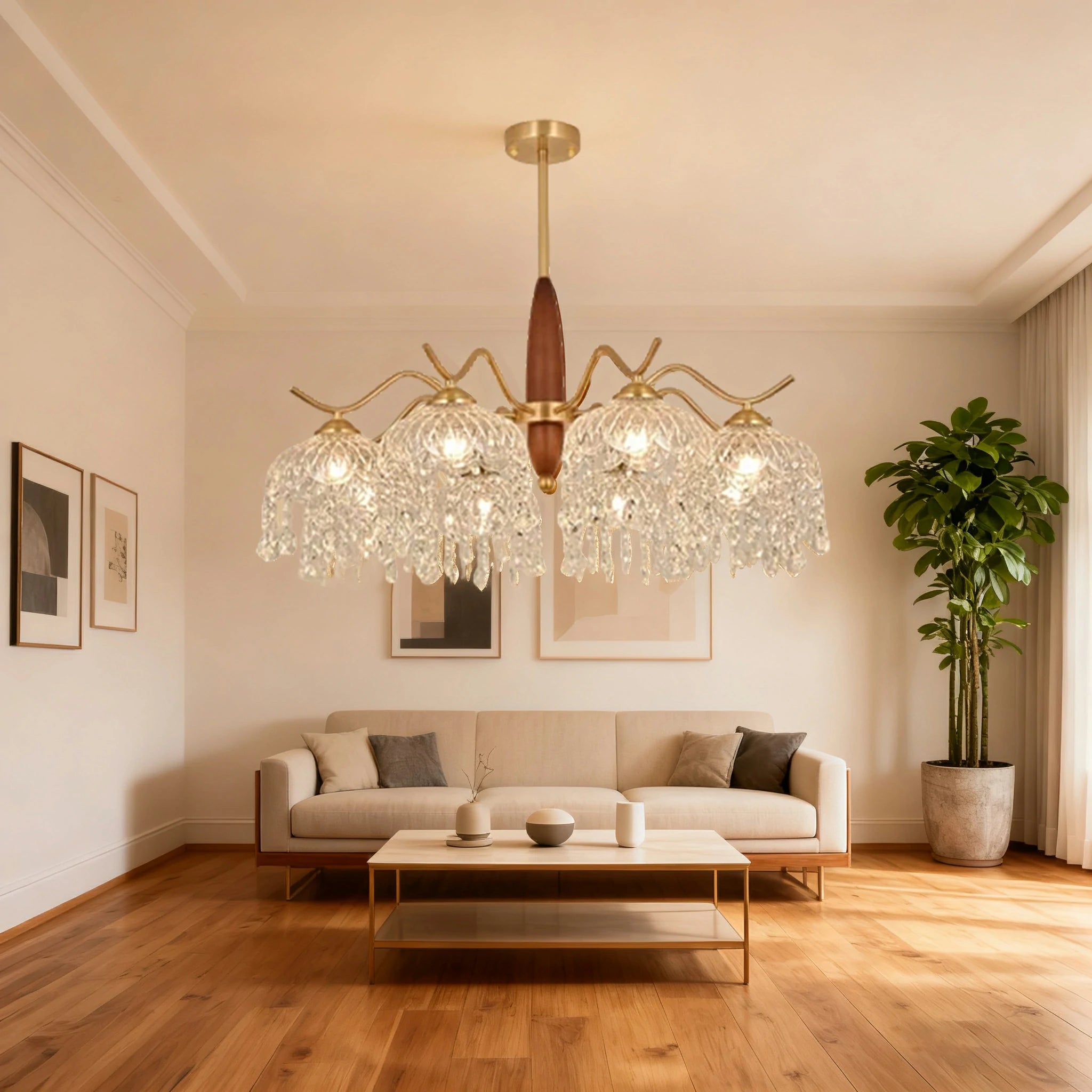 LIVARA 96W Crystal Pendant Light with Eye-Protection LED, Three-Color Dimmable Lighting & Solid Wood Electroplated Iron Body