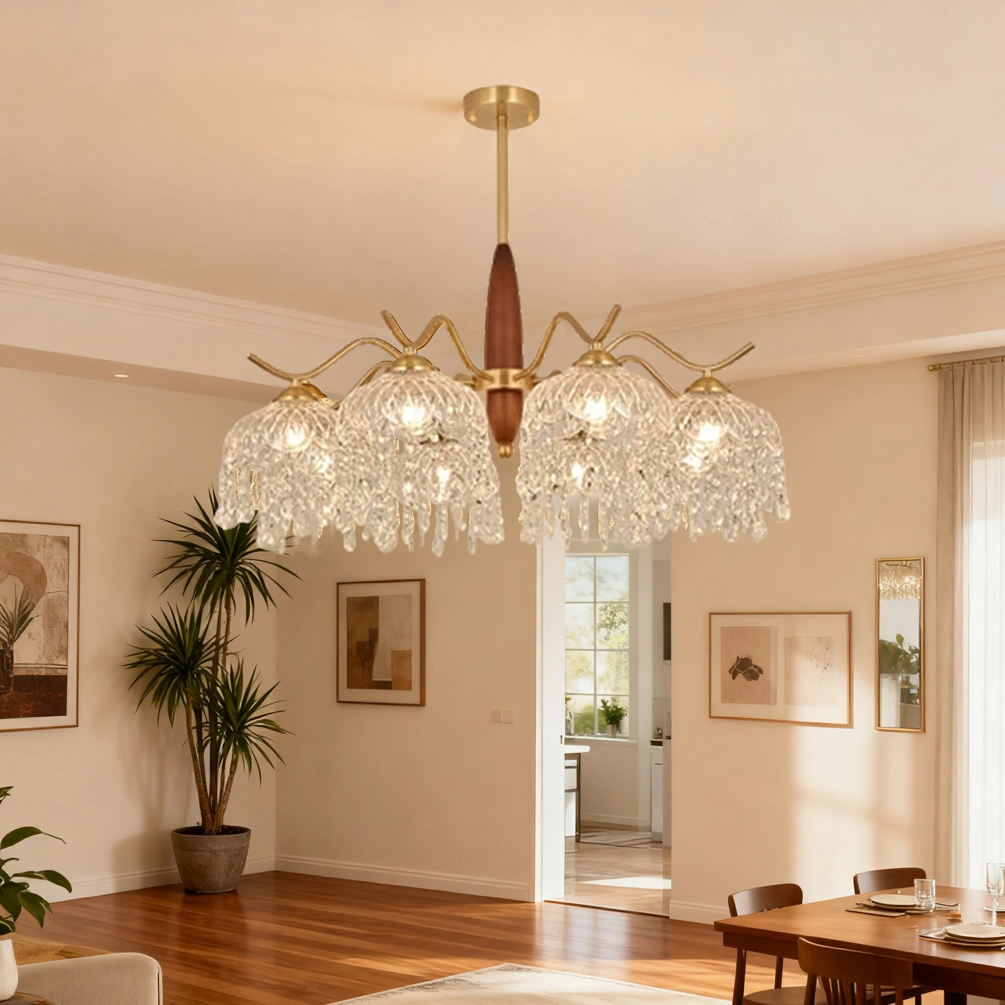 LIVARA 96W Crystal Pendant Light with Eye-Protection LED, Three-Color Dimmable Lighting & Solid Wood Electroplated Iron Body