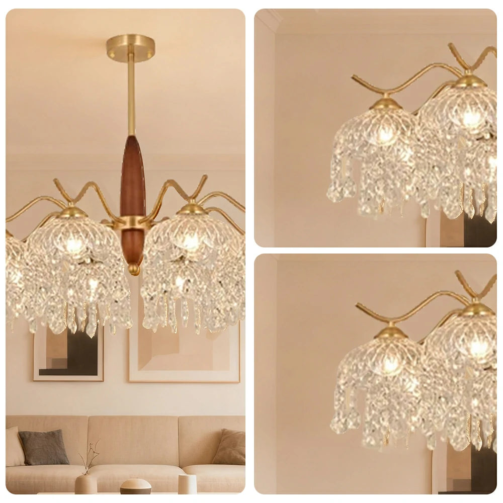 LIVARA 96W Crystal Pendant Light with Eye-Protection LED, Three-Color Dimmable Lighting & Solid Wood Electroplated Iron Body