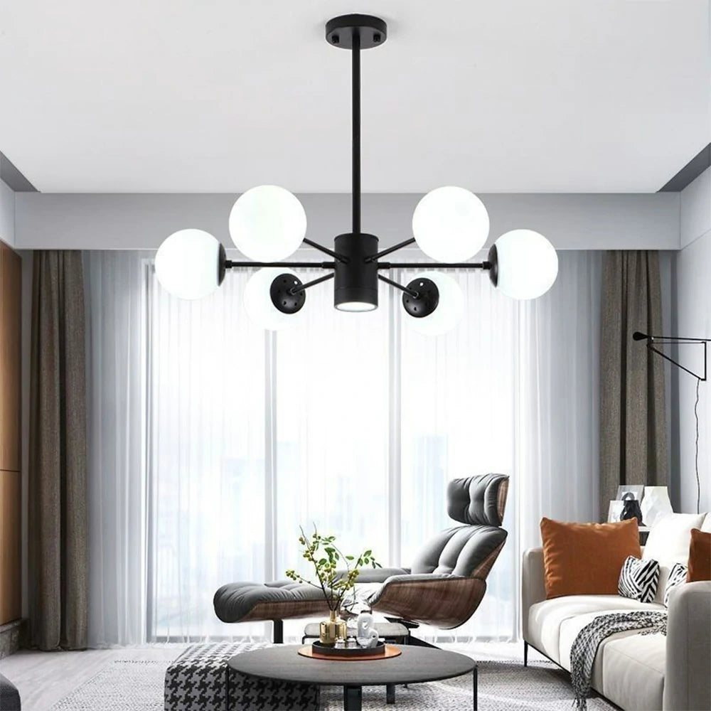 LIVARA 6-Head Black Opal Glass Pendant Light with 5W Tri-Color LED Bulbs Modern Iron & Glass Chandelier Adjustable Rod Design - Elegant Ceiling Lamp